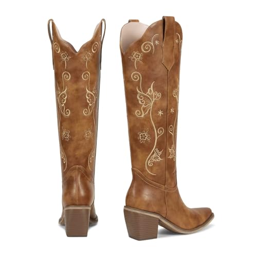 Image of wetkiss Cowboy Boots for Women Knee High, Low Heeled Stable and Comfortable | Knee High Cowgirl Boots,Western Boots with Embroidery,Pull On,Slip On,Non-slip Rubber Sole,Soft and Breathable PU Leather