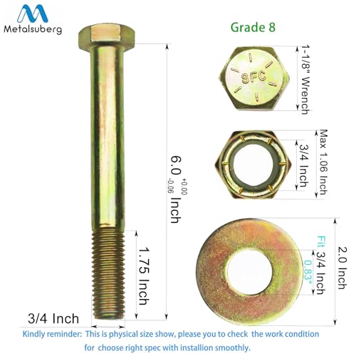 Image of 3 /4 inch x 6 inch Hex Head Bolt by Color Galvanization with Nylon Lock nut and Large Size Washer Assortment Kit,Alloy Steel,Grade 8.(4pcs Pack). by Metalsuberg