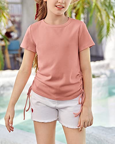 Image of Imily Bela Girls Tees Shirts Cute Crew Neck Short Sleeve Side Drawstring Solid Tops Kids Children Summer Clothes