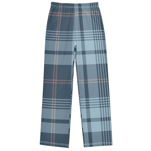 Boy's Pants Plaid Pattern Blue Brown Jogger Pants Elastic Waist Long Bottoms Trousers with Pockets 6-14 Years