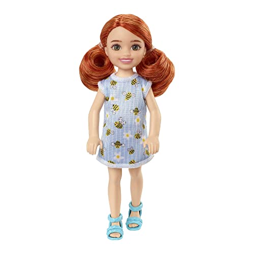 Mattel Barbie Club Chelsea Mini Girl Doll - Red Hair Wearing Bumblebee and Flower-Print Dress and Blue Sandals (HGT04)