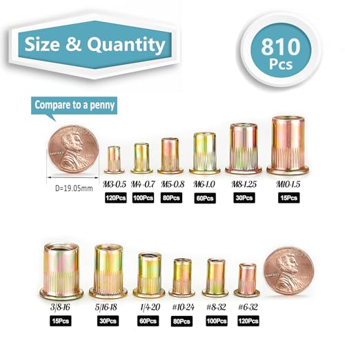 kadrick rivet nut kit 810pcs sae amp metric rivet nut assortment kit galvanized carbon steel flat head threaded insert nuts sizes 6-32 8-32 10-24 1434-20 51634-18 3834-16 m3 m4 m5 m6 m8 m10