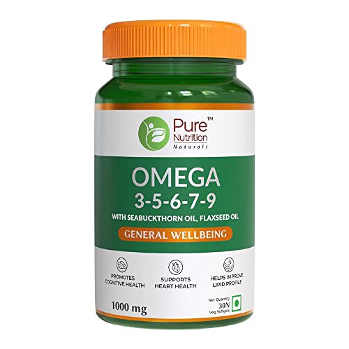 Image of Pure Nutrition Vegan Omega 3-5-6-7-9 | 60 Veg Softgels (30 x 2) | Blend of Seabuckthorn, Flaxseed, Pomegranate, Borage & Olive Oils | Supports Heart, Nerve, Kidney Health | Improves Lipid Profile & Lowers Cholesterol