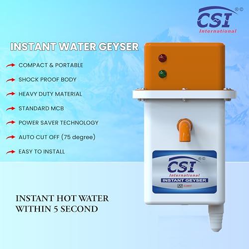 Image of CSI INTERNATIONAL Instant Water Geyser 1 L Portable water heater, Auto Cut Off Feature with 1 Year Warranty, For Home, Office, Restaurant etc, Geyser Made of First Class Abs Plastic (white-orange)