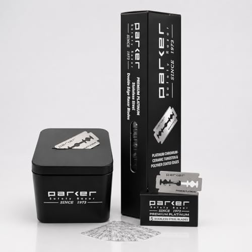 Parker Double Edge Razor Blades 100 Count with All-Metal Blade Disposal Bank – Platinum-Tungsten-Chromium Coated Stainless Steel DE Blades + Reusable Used Razor Blade Storage Container image 4