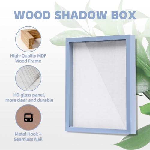 Image of Muzilife 11x14 Shadow Box Picture Frame with Linen Board - Deep Wood & Glass Display Rustic Case Ready to Hang Memorabilia, Pins, Awards, Medals, Wedding, Tickets, and Photos, Blue