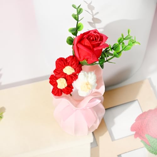 Image of Art Street Handmade Crochet Flower Vase with Artificial Rose | Red & White Knitted Flowers with Green Leaves | Decorative Pink Vase with Ribbon for Home Decor, Birthday, Anniversary