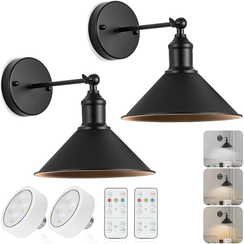 Vintage Black Wireless Battery Operated Wall Sconces, Cordless LED Wall Lights Set of 2 with Remote...