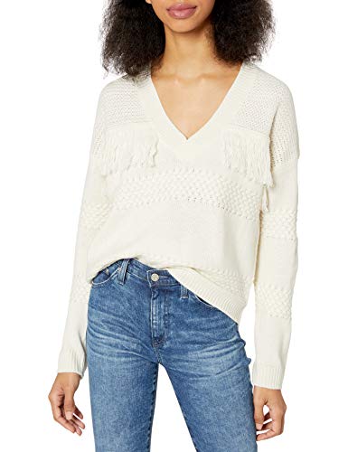Jack by BB Dakota Junior's Fringe Kisses Specialty Stitch V-Neck Sweater, Antique Ivory, Medium