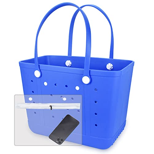 Large Open Rubber Tote Bag with phone holder, Washable Beach Bags Waterproof Sandproof, Portable Outdoor Tote (L-Precious Blue)