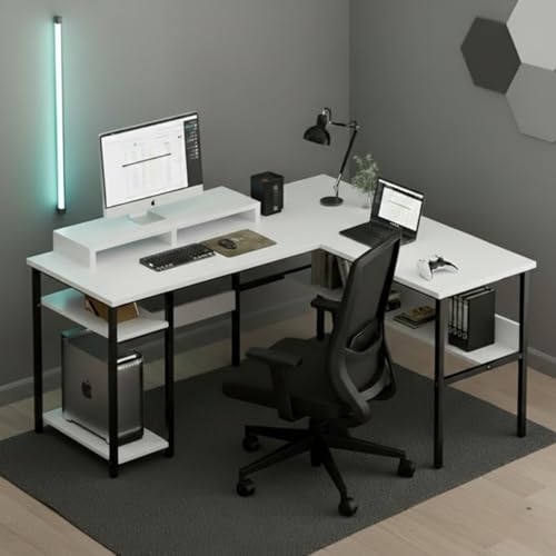 Image of TEKAVO Daino Computer Table for Home pc with CPU Storage | L Shape Office Table for Work | Corner Table with bottm Shelf | Workstation Table for Home | White Color