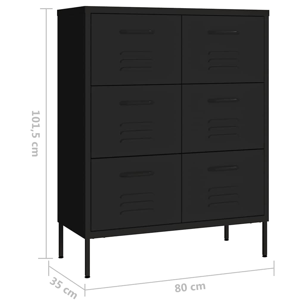 Cassettiera nera, 80 x 35 x 101,5 cm, in acciaio, con 6 cassetti, per ufficio, soggiorno, corridoio o cantina, chiudibile, stabile scaffale multiuso