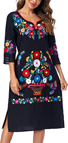 YZXDORWJ Women Embroidered Mexican Present Lace Sleeves Party Floral Traditional Bridesmaid Dress.