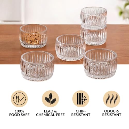 Image of Glassbunny 140ML Embossed Glass Dessert Bowls Set of 6 | Crystal Clear Transparent Glass Bowls for Ice Cream, Pudding, Fruit Salad, Dry Fruits & Snacks | Premium Ribbed Design
