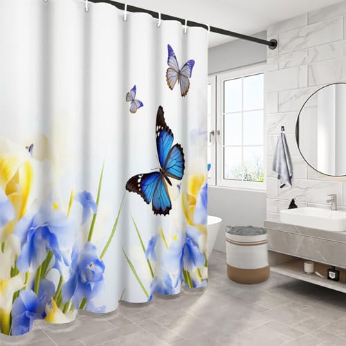Rideau de douche iris papillon en tissu polyester lavable avec 12 crochets - 4