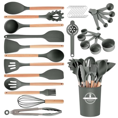 Gaixvny Kitchen Utensils Set - 34 PCS Non-Stick Silicone Cooking Utensils Set with Wooden Handle,Kitchen Gadgets Tools Set for Nonstick Cookware (Gray-34P)