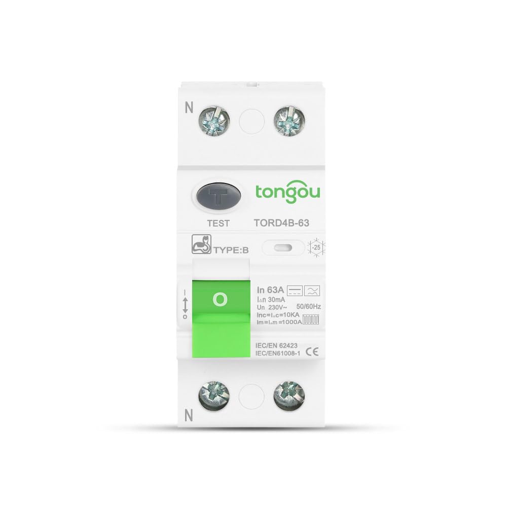 Interruttore differenziale Tipo B/Rail Din/RCCB/AC/DC / 63 A - 30 mA / 2 Poli / 10KA / 230V / Caricabatterie Auto Elettriche TONGOU