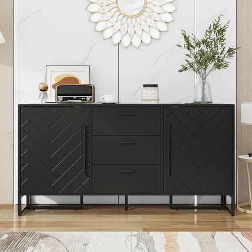 KecDuey Cómoda de 145 cm, elegante aparador blanco con diseño de espiga, con 2 puertas y 3 cajones, para comedor, cocina y salón (negro)