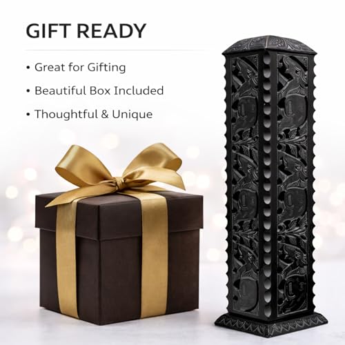 Image of Handmade Black Marble Soapstone Incense Stick Burner | Dhoop Batti Stand, Candle Holder, Tea Light Burner, Jaali Carving, 3 x 3 x 11 Inches
