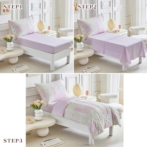 Image of Joyreap 4 Piece Cotton Toddler Bedding Set- Purplish Pink Floral Patchwork Design, Toddler Comforter Set for Girls, Includes Quilted Comforter, Fitted Sheet, Top Sheet, and Pillow Case