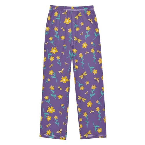 Dragonfly Bee Floral Boys Long Pants Soft Trousers Elastic Waist Kids Lounge Bottoms with Pockets S-XL