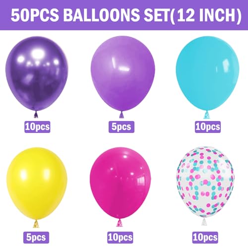 Image of Pink Blue Purple Balloons - 50 Pcs 12 Inch Hot Pink Metallic Purple Teal Yellow Confetti Balloons for Magic Theme Birthday Baby Shower Engagement Party Decoration