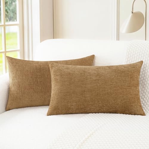 Image of CaliTime Throw Pillow Covers Decorative 16 X 26 Inches Pack of 2 Cozy Chenille Cushion Cases for Couch Sofa Bed Living Room Home Apricot Brown