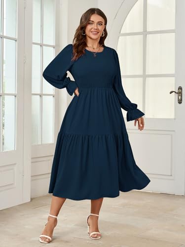 Image of SHESTARR Women's Plus Size Dress Long Sleeve Crewneck Smocked Tiered Flowy Boho Wedding Party Maxi Dresses