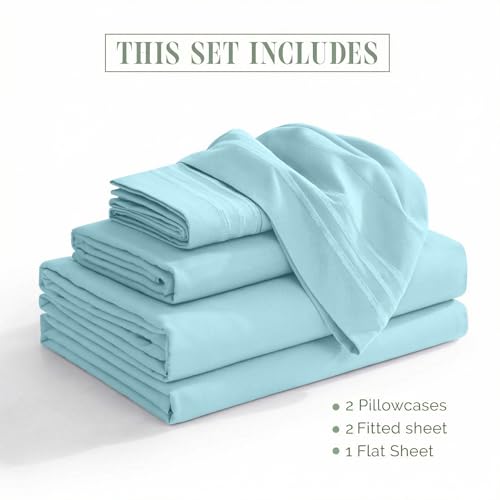 Image of Elegant Comfort Luxurious 1500 Premium Hotel Quality Microfiber Three Line Embroidered Softest 5-Piece Bed Sheet Set, Wrinkle and Fade Resistant, Split King, Aqua