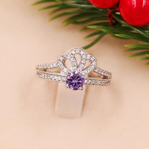 Women's Dainty Birthday Princess Ring Crown Design - Round Cubic Zirconia Tiara Promise Band - Special Occasion Tiara Statement Engagement Rings for Her3