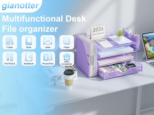 Image of gianotter Desk Organizers and Accessories with File Holder, 4-Tier Desk Accessories & Workspace Organizers with Drawer and 2 Pen Holder, Paper Organizer for Office Supplies (Purple)
