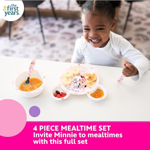 Image of The First Years Disney Minnie Mouse Kids Dinnerware Set - Includes Toddler Plate, Bowl, Fork, and Spoon - Baby Led Weaning Supplies - 4 Count- Ages 9 Months and Up, Small (Pack of 12)