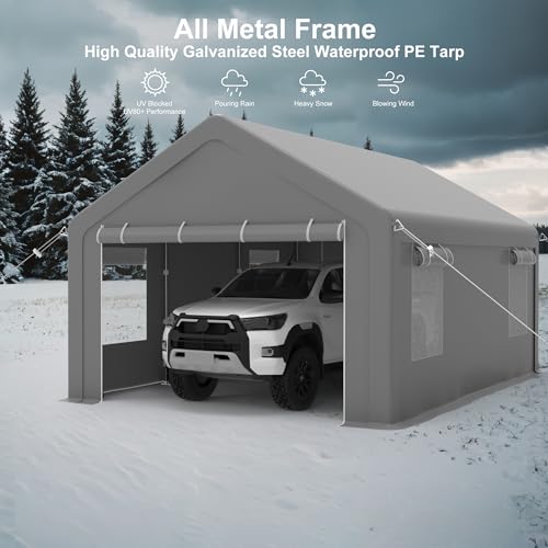 13x20ft Heavy Duty Carport, Portable Garage with 2 Doors & Roll-Up Window, Reinforced Steel Poles, Uv Resistant Waterproof Tarp, Portable Carport for Car, Truck, Boat,Motorcycle