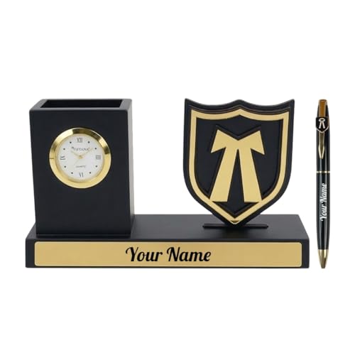 Image of Giftana 2 in 1 Personalized Advocate Pen Stand with Advocate Pen Gift Set for Men and Women, Wooden Desk Organizer with Advocate Emblem with Table Clock, Customised Corporate Gift Set for Employee