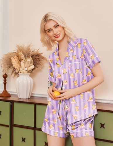 Image of Ekouaer Silk Pajamas for Women Funny Teddy Sleepwear Comfy Short Sleeve Button Down Loungewear Satin Pjs Shorts Set,Pink Purple Striped,XXL