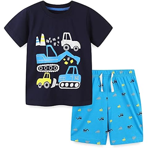 Funnymore Toddler Boy's Summer Clothes Outfits,T-shirt and Short Clothing Set Navy Excavator 4t Cover