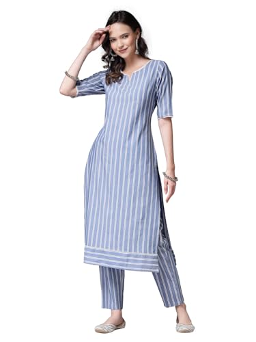 Image of Stylum Women's Woven Striped Cotton Blend Straight Kurta Pant Set (KPXHOORBLUE Blue)