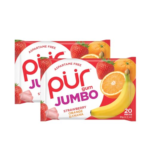 PUR Jumbo Gum | Aspartame Free Chewing Gum | 100% Xylitol | Natural Strawberry, Banana, Orange Flavor Pieces, 20 Count (Pack of 2)