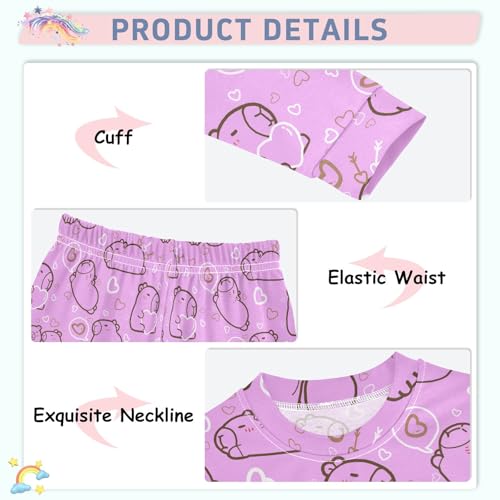 Cute Capybara with Hearts Purple Cute Pajama Sets Long Sleeve Top and Pants, Snug Fit Sleepwear for Night Wears4