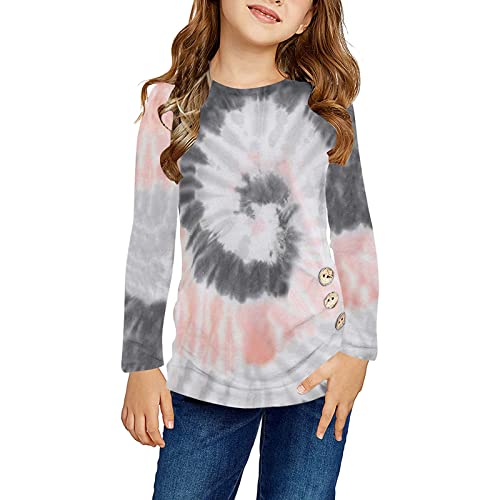 Girls Tie Dyed Tunic Tops Kids Long Sleeve Knot Front Button Casual Loose Pullover Blouse T-Shirt Tee(Gray,12-13 Years)