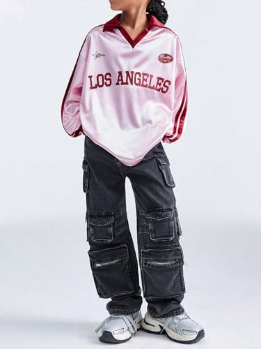 SweatyRocks Girl's Oversized Letter Graphic Print T Shirt Long Sleeve Collared Tees Top4