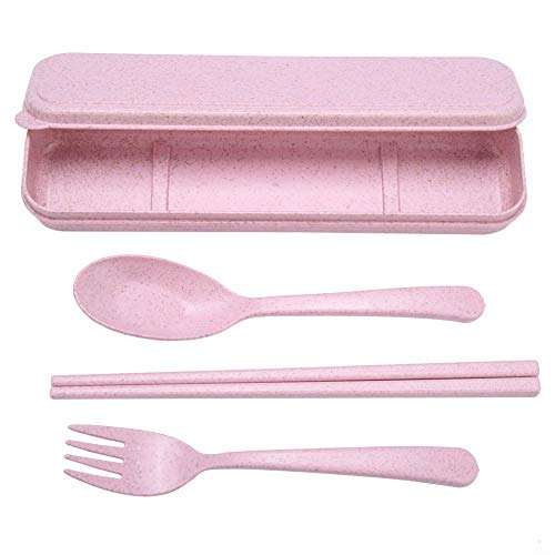 Pasamer 3 PCS Cubiertos de Paja de Trigo portátil Cuchara Palillos Horquilla con Estuche de Viaje Set Rosa Verde Azul Beige(01)