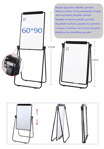 TUKA-i-AKUT Pizarra Blanca de Caballete Magnética 90x60cm, Altura Ajustable Plegable, con Soporte para Papel, Escribible y Limpiable, Rotafolios con U-Forma Soporte, Marco Negro, TKD8711 - imagen 2