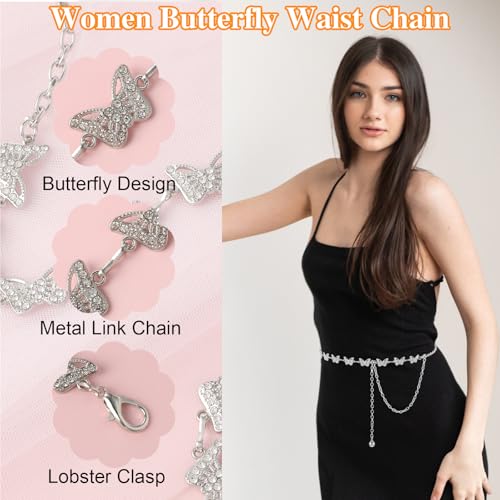 Women Butterfly Waist Chain, Alloy Rhinestone Waist Belt Ladies Dress Belt Fashion Link Chain for Girl Women2
