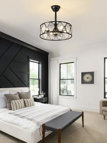 Image of Ceiling Fan with Lights and Remote, 19 Inch Modern Fandelier Ceiling Fan with Brushless DC Motor, Semi Flush Mount Drum Ceiling Fan with 6 Speeds, Reversible Quiet Indoor Fan for Bedroom Living Room
