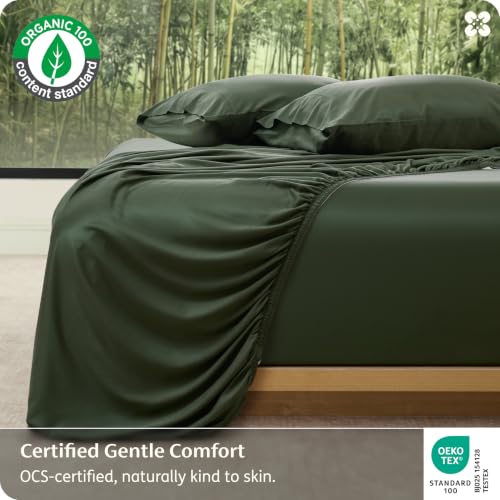 Image of Bedsure PureWoven 100% Viscose Derived from Bamboo, Queen Sheets, 3PCS | Organically Grown, 18 inch Deep Pocket, Cooling Fitted Sheet Set for Hot Sleepers, Luxury Silky Soft, No Flat Sheet, Olive Green
