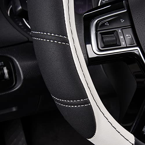 Car Pass Line Rider Microfiber Leather Sporty Steering Wheel Cover Universal Fits For 95% Truck,Suv,Cars,14.5-15Inch Anti-Slip Safety Comfortable Desgin (Black-White) #TOP2
