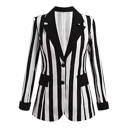 Blazer - Chaqueta blazer para mujer, diseño a rayas, color blanco y negro, Negro , L