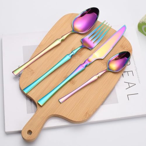 Image of Elegant Handle Rainbow 16 Pcs Stainless Steel Cutlery Set for Dining Table, Dishwasher Safe Glossy Flatware (4 Spoon Set+4 Forks Set+4 Butter Knife+4 Dessert Spoon)