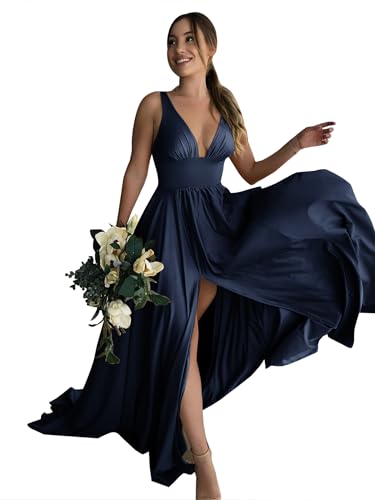 Babyonline D.R.E.S.S. Robe de Cocktail Longue Formelle avec Bretelles Robe de Soirée pour Mariage en Satin Bleu Marine 34